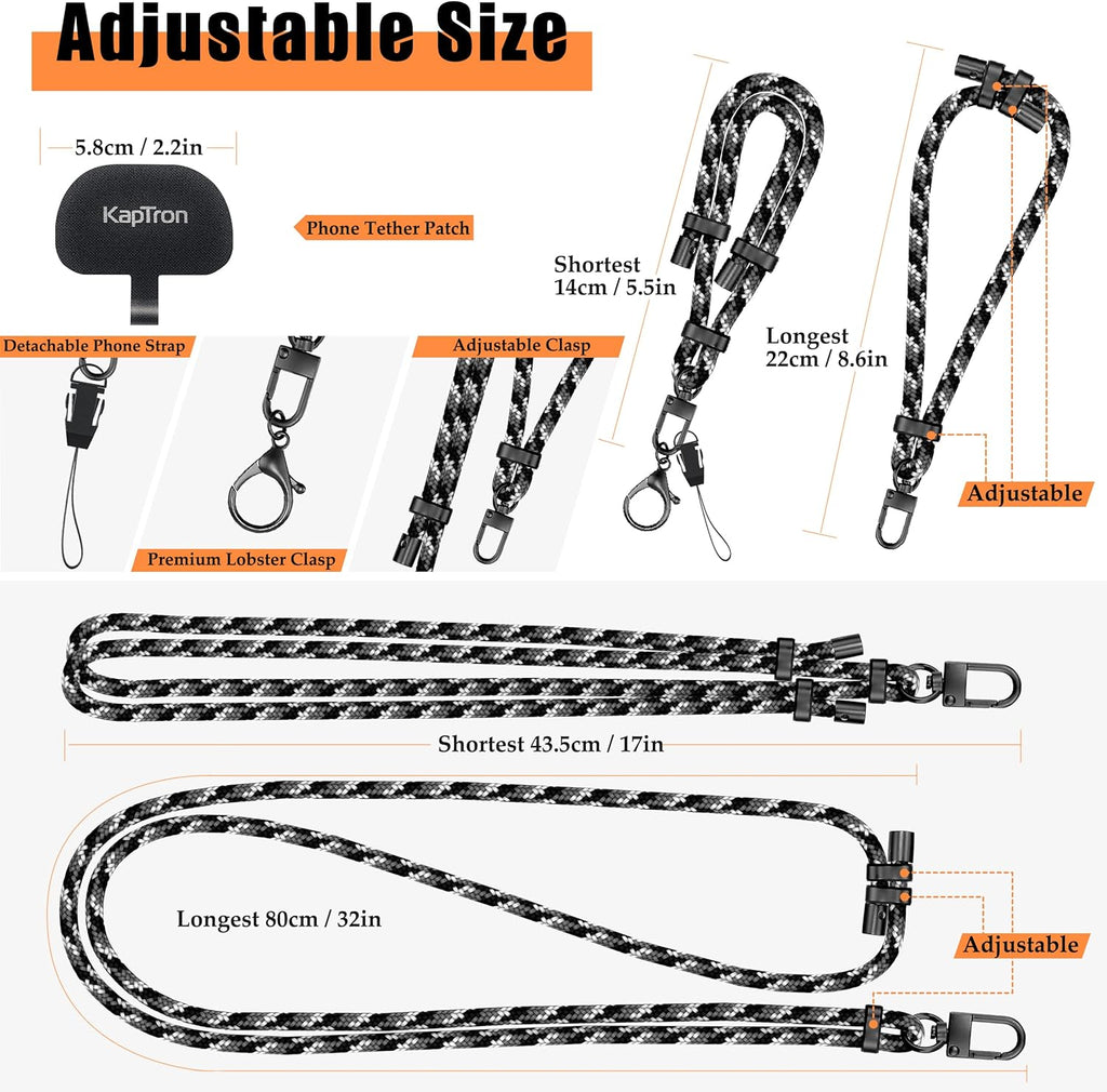 Universal Phone Lanyard with Wrist Strap, Adjustable Crossbody Cell Phone Lanyard Neck Strap and Wristlet Strap with 2 Lobster Clips, Phone Tether Patches and Phone Straps (Black/White/Gray, 2 Pack)