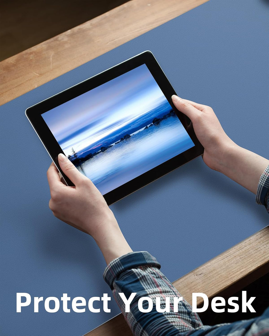 AFIING Leather Desk Pad Protector, Mouse Pad, Office Desk Mat, Non-Slip PU Leather Desk Blotter, Large Desk Mat, Waterproof Keyboard Mat for Office/Home/Decor (Grey Blue, 48" x 17")