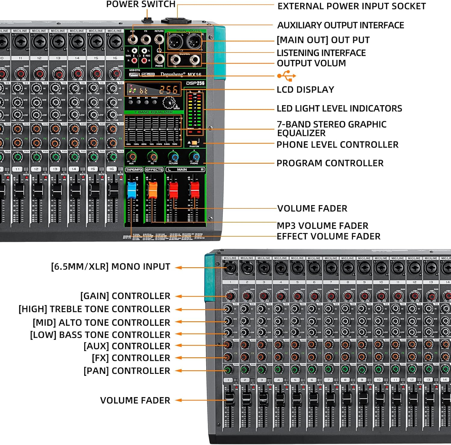 Depusheng MX16 16 Channel Sound Mixer Audio Mixing Console 48V 256DSP Professional USB PC Play Record Podcast Live Broadcast (US MX16)