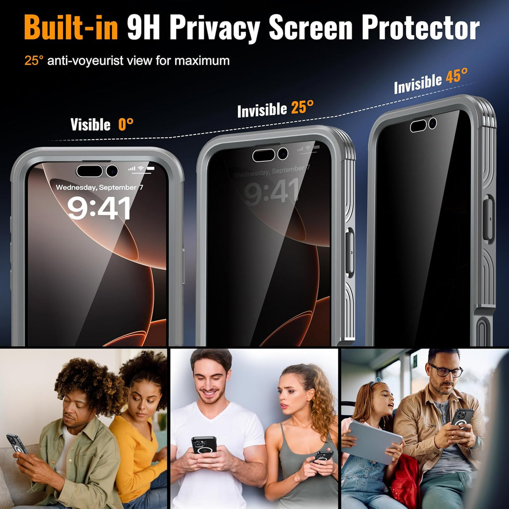 Magnetic & Stand for iPhone 16 Pro Max Case Built-in Privacy Screen Protector[360° Full Body Protection][Fit for Magsafe][Lens Protector] Heavy Duty Shockproof Case for iPhone 16 Pro Max Gray