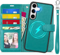 TUCCH Case for Galaxy S25, Detachable Wallet Case with [Wireless Charging] RFID Blocking 4 Card Holder, Wrist Strap Removable Stand PU Leather Flip Shockproof Phone Cover for Galaxy S25 6.2", Cyan