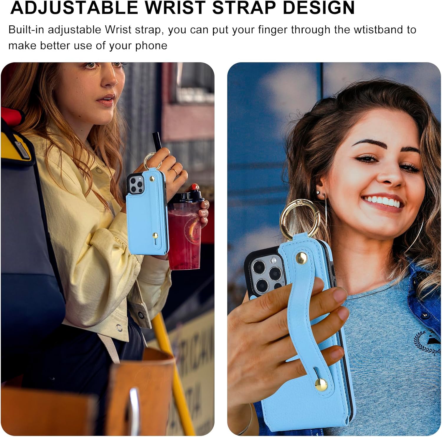 Folosu for iPhone 12/12 Pro Wallet Case with Card Holder, Hand Wrist Strap Loop Holder Kickstand, RFID Blocking Finger Grip Ring PU Leather Double Buttons Shockproof Cover 6.1" Blue