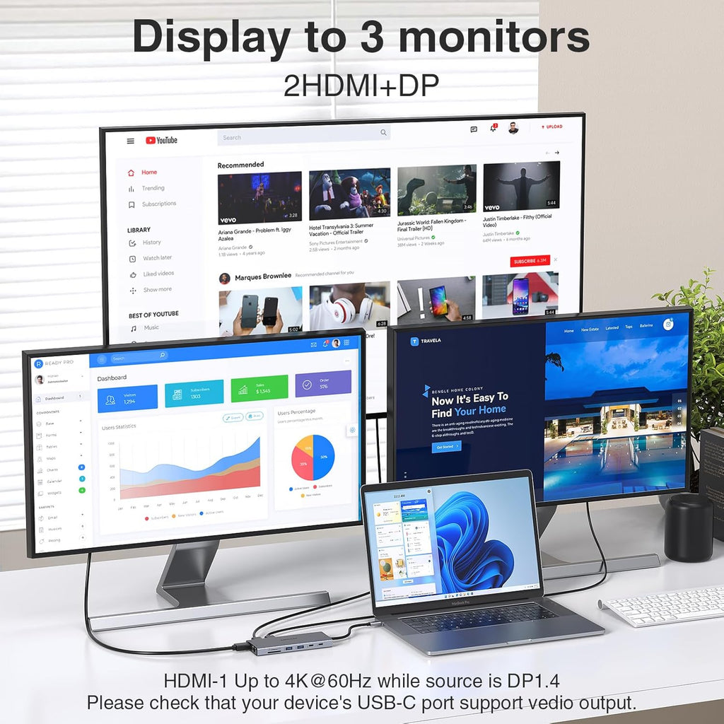 USB C Hub USB-C Docking Station Dual Monitor 14 in 1 Triple Display Multiport Adapter with 2 HDMI+DP+7 USB Type C/A Ports+Ethernet+Audio, USBC Dongle for Dell/HP/Lenovo ThinkPad/Surface(Grey)