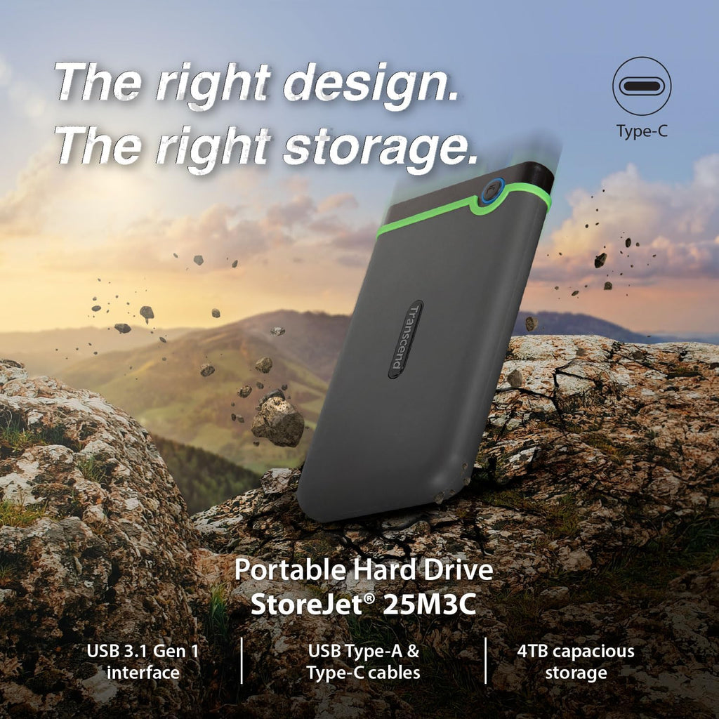 Transcend 2TB SJ25M3C, USB 3.1 Portable Hard Drive Rugged, Anti-Shock Resistant, Compact and Lightweight with Lightning-Fast Speeds, One Touch Backup Button, Type C, Iron Grey - TS2TSJ25M3C