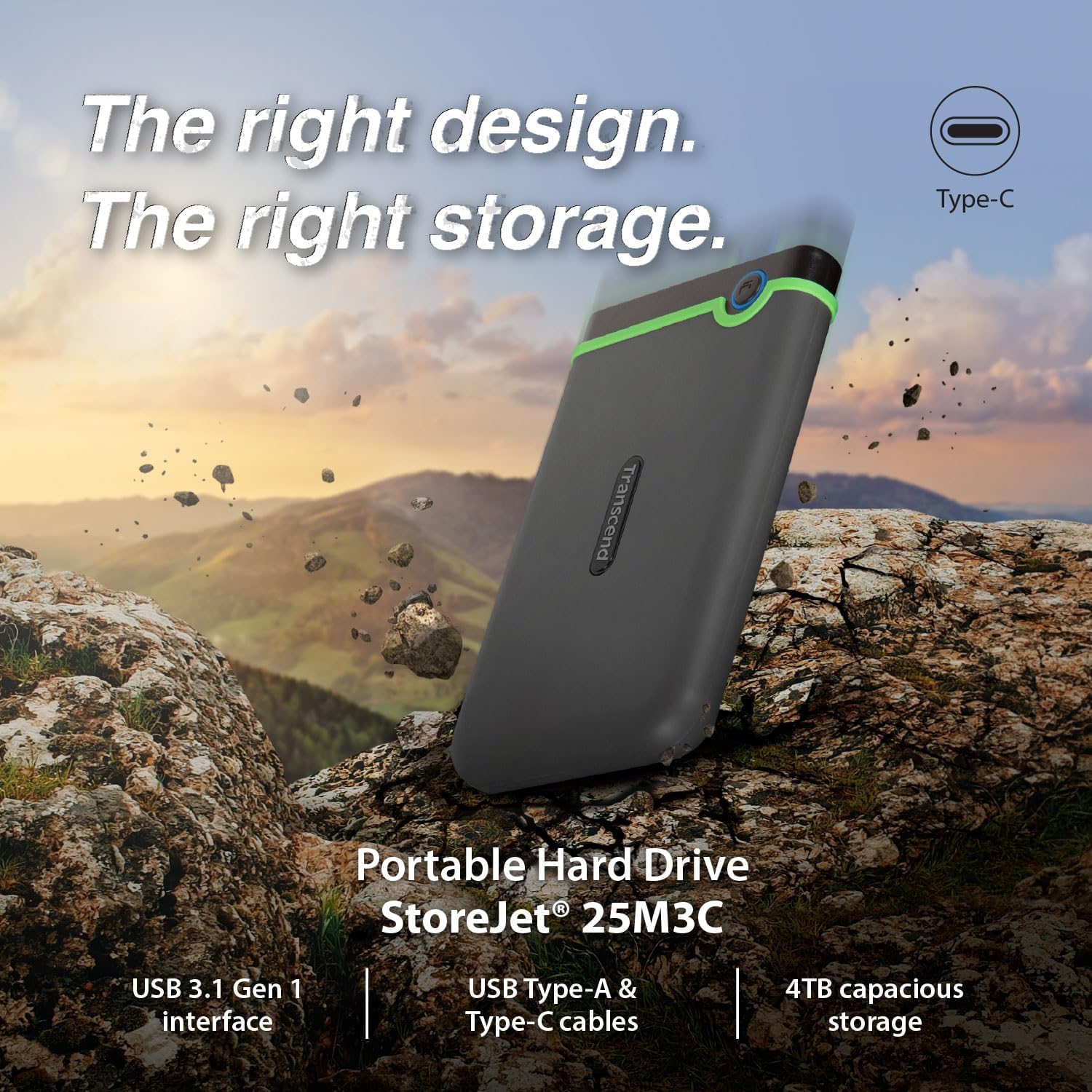 Transcend 2TB SJ25M3C, USB 3.1 Portable Hard Drive Rugged, Anti-Shock Resistant, Compact and Lightweight with Lightning-Fast Speeds, One Touch Backup Button, Type C, Iron Grey - TS2TSJ25M3C