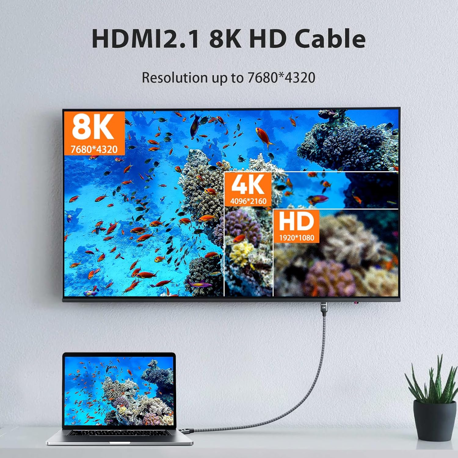 ARISKEEN 8K HDMI Cable 6 FT, 48Gbps High Speed HDMI 2.1 Cable, 8K 60Hz, 4K 120Hz 144Hz Braided HDMI Cord - 6 Feet