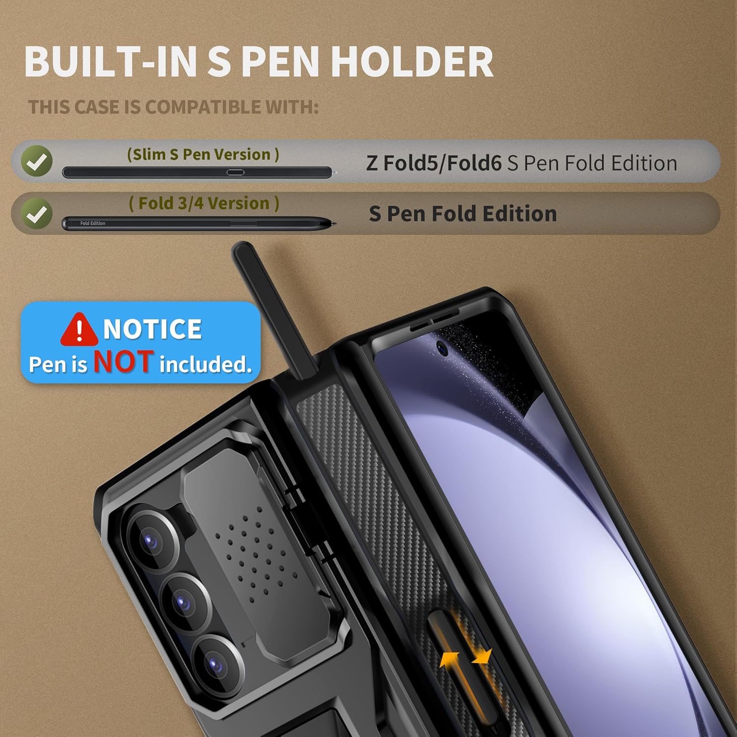TONGATE for Z Fold 5 Case, [with S Pen Slot & Hinge Protection] [Tempered Glass Screen Protector] Full-Body Military Drop Phone Case for Samsung Galaxy Z Fold 5 with Kickstand & Belt Clip, Black
