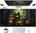 Forest Cats Desk Mat Anime Cat Desk Pad Cute, Kawaii Green Mouse Pad XXL, Large Extended Gaming Mousepad Keyboard Mouse Mat with Stitched Edges, Home Office Decor Pad for Women Girl 31.5x15.75 in