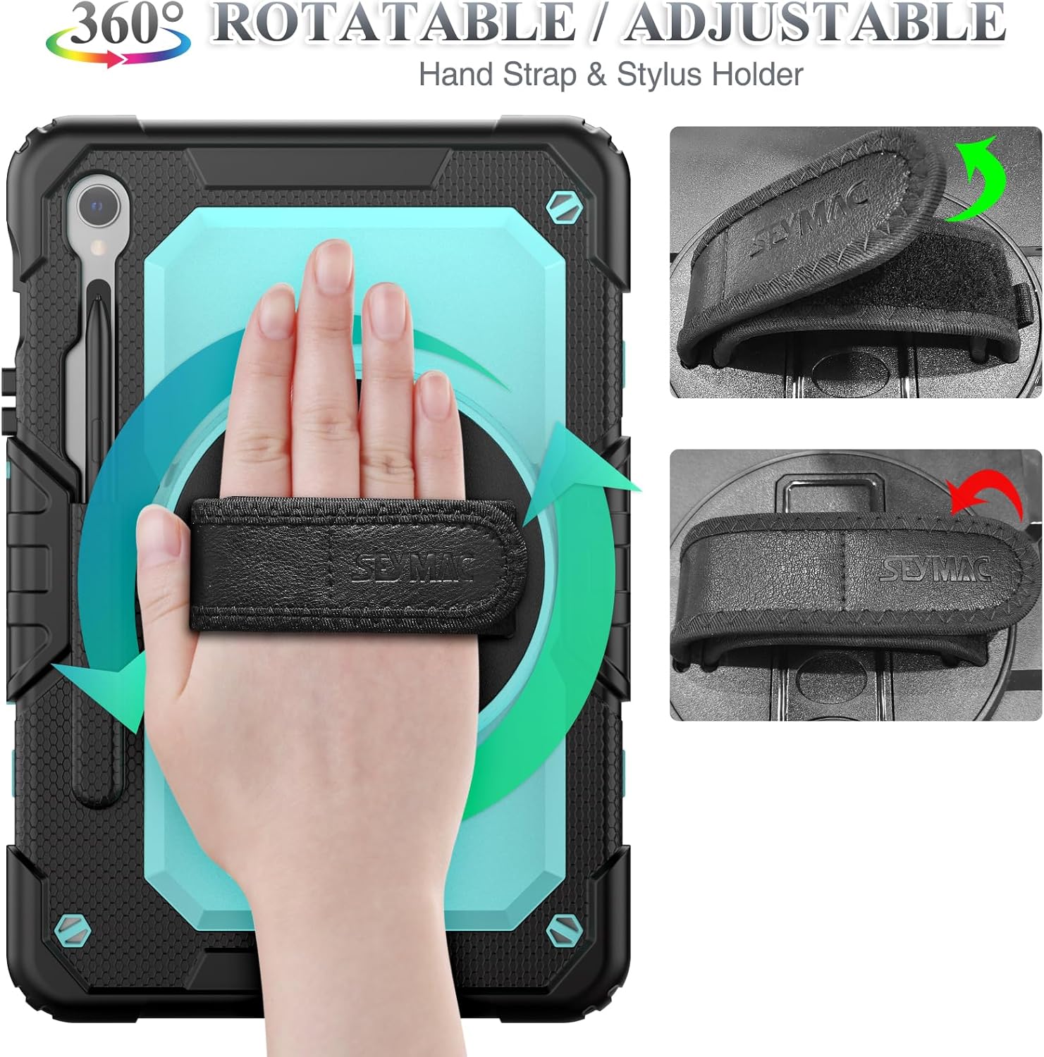 SEYMAC stock Case for Samsung Galaxy Tab S10 FE / S9 / S9 FE 5G Tablet Case Protective with Screen Protector, Pencil Holder, 360 Rotate Stand, Hand Strap, Shoulder Strap, SkyBlue1