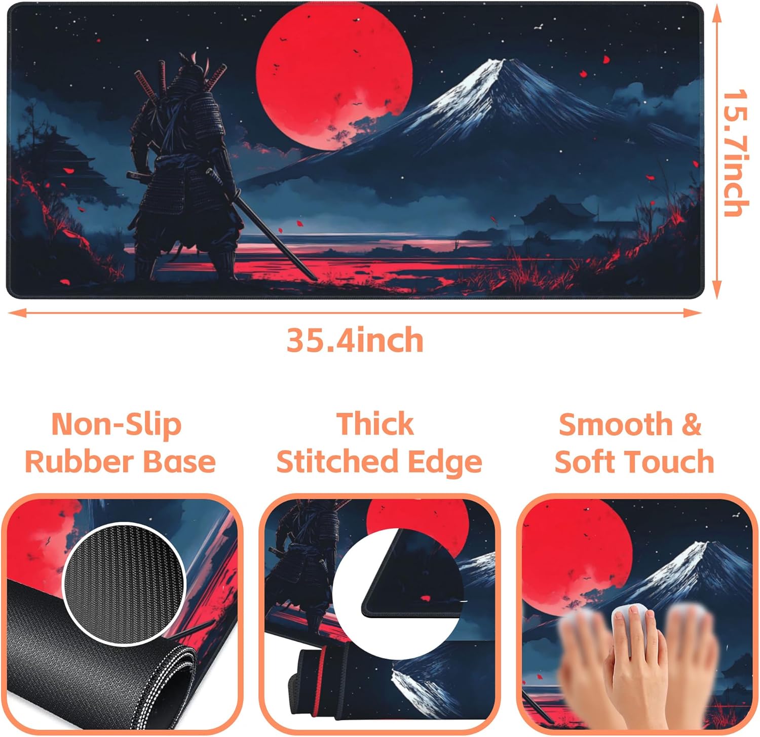 Mouse Pad Large Samurai and Red Moon Non-Slip Game Desk Mat with Stitched Edge Laptop Keyboard Desk Pad for Work Home Gaming (35.4 x 15.7 Inches)