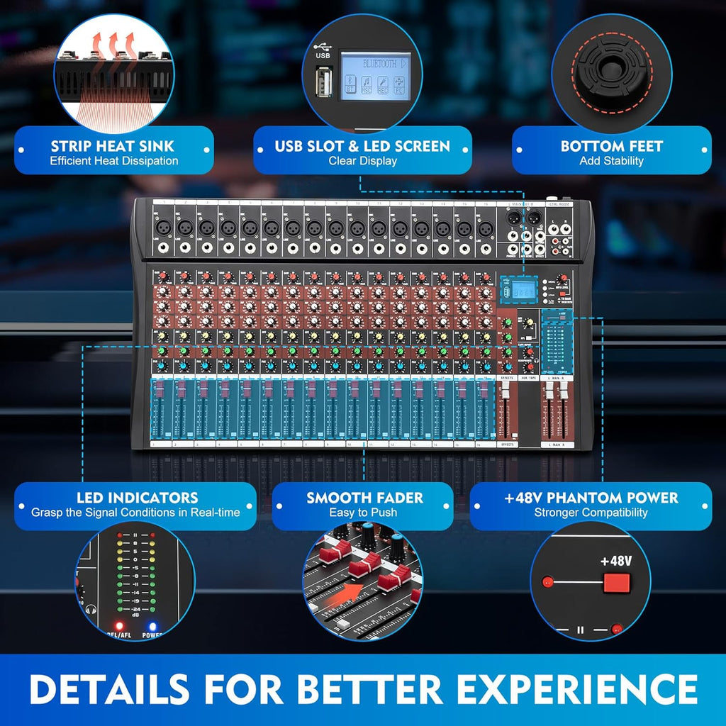 16 Channel Audio Mixer, Soundboard Mixing Console Sound Mixer DJ Sound Controller with USB & Bluetooth, Studio Audio Mixer for Professional and Beginners (16 Channel)