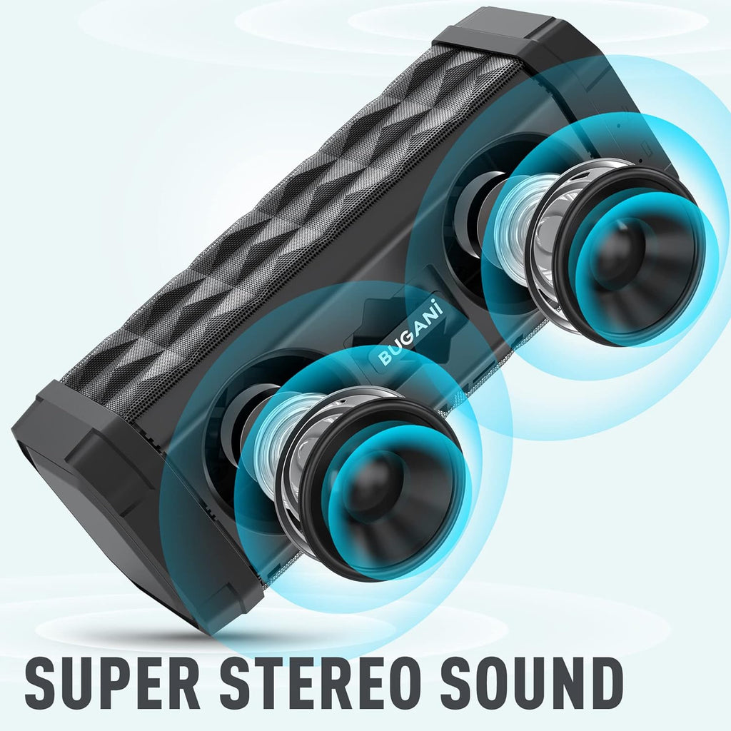 BUGANI Bluetooth Speakers Portable Bluetooth Speaker, 100ft Wireless Range, Louder Volume, Stereo Sound, Amazing Bass 24H Playtime, IPX5, Built-in Mic, Wireless Speaker for Ourdoor Indoor(Black)