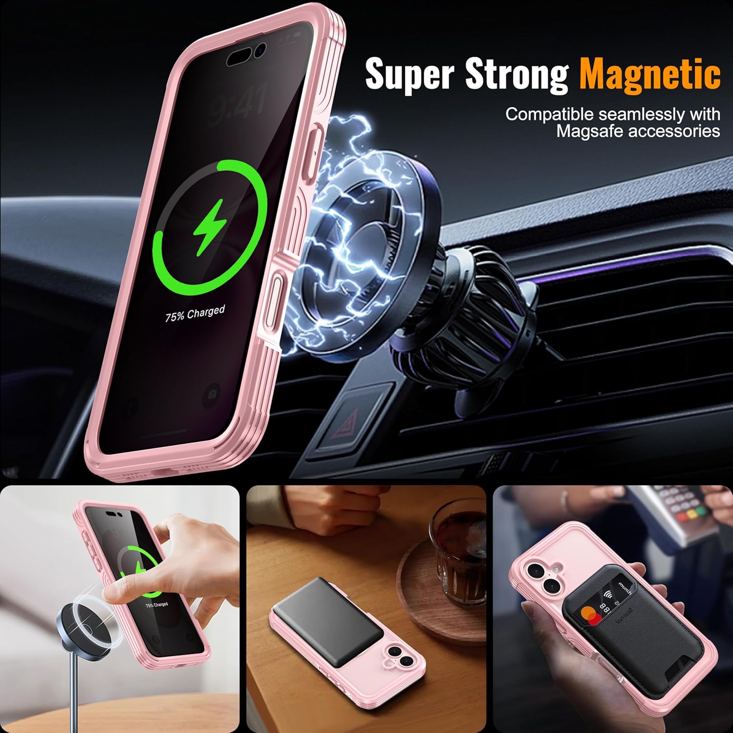 360° Protection Magnetic for iPhone 16 Case Built-in 9H Privacy Screen Protector & Metal Stand[Fit for Magsafe][Anti-Spy][Lens Protector] Heavy Duty Shockproof Phone Case for iPhone 16(Pink)