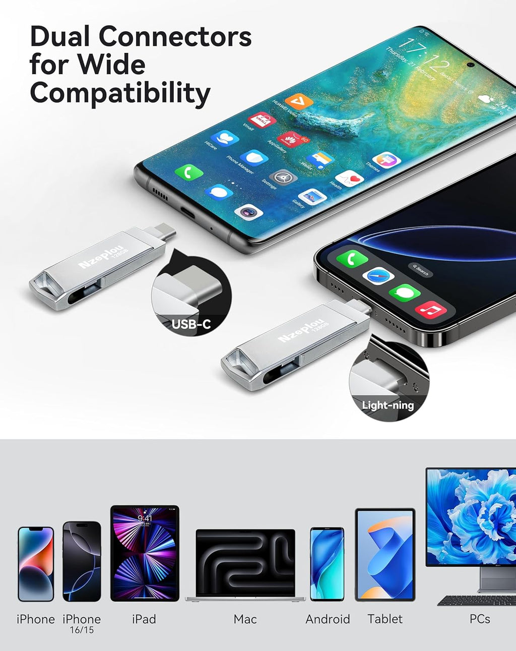 128GB Flash Drive for iPhone iPad, USB3.0 High-Speed Memory Stick No App Needed, Lightening & USB-C External Memory Storage for Photos Videos, Picture Backup Thumb Drive Plug & Play(Silver)