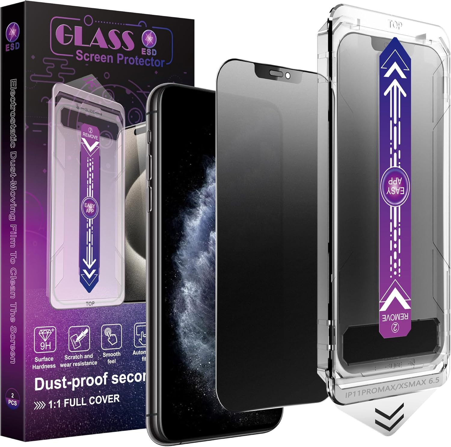 2 Pack Matte Privacy Screen Protector for iPhone 11 Pro Max/iPhone XS Max, 9H Tempered Glass, Full Coverage, Anti-Fingerprint, Auto Dust-Elimination, No Bubble, Easy Installation