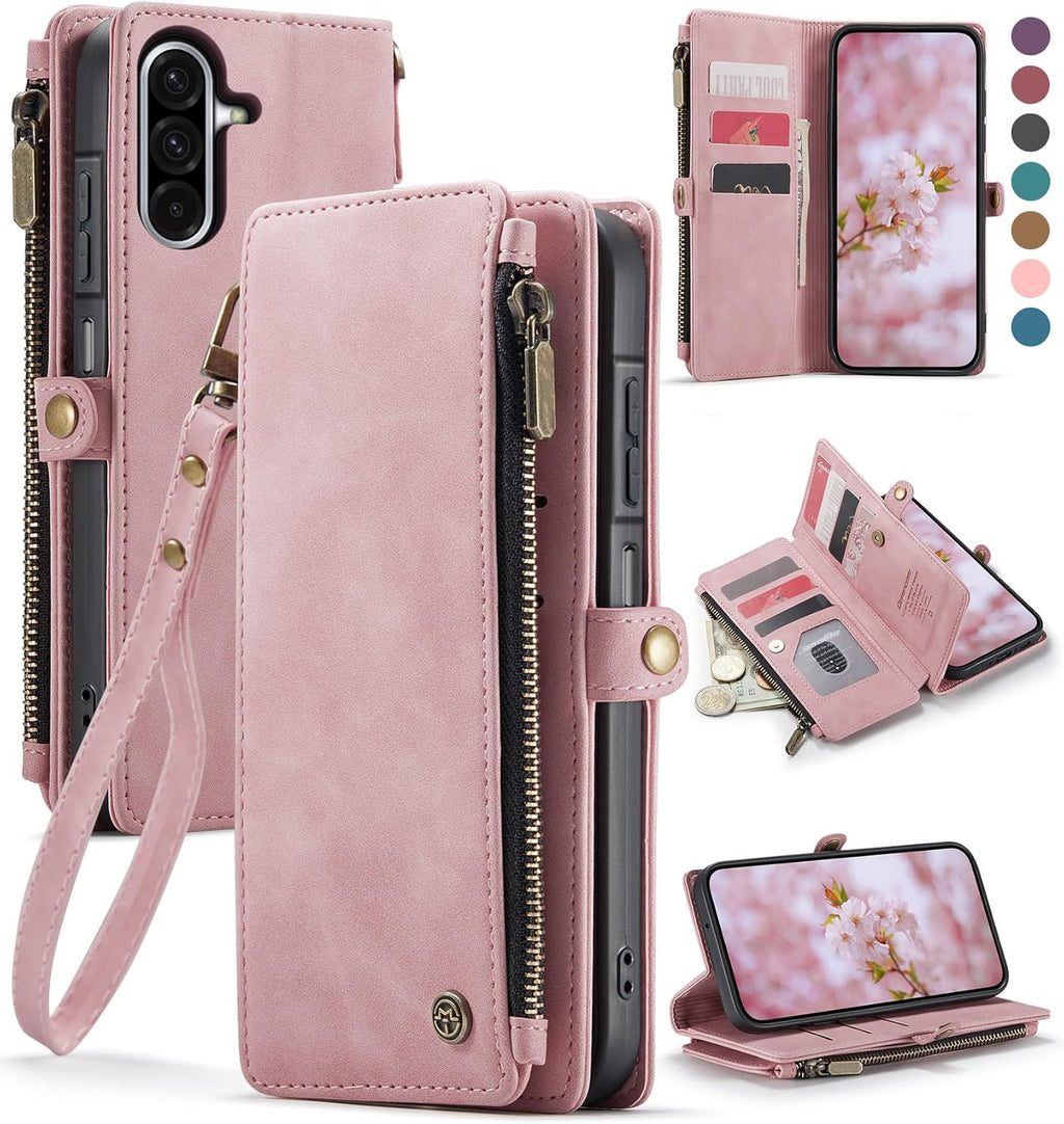 Defencase for Galaxy A26 5G Case Wallet with RFID Blocking Card Holder for Women Men, Fashion PU Leather Magnetic Snap Flip Zipper Wrist Strap Wallet Phone Case for Samsung Galaxy A26 5G, Rose Pink
