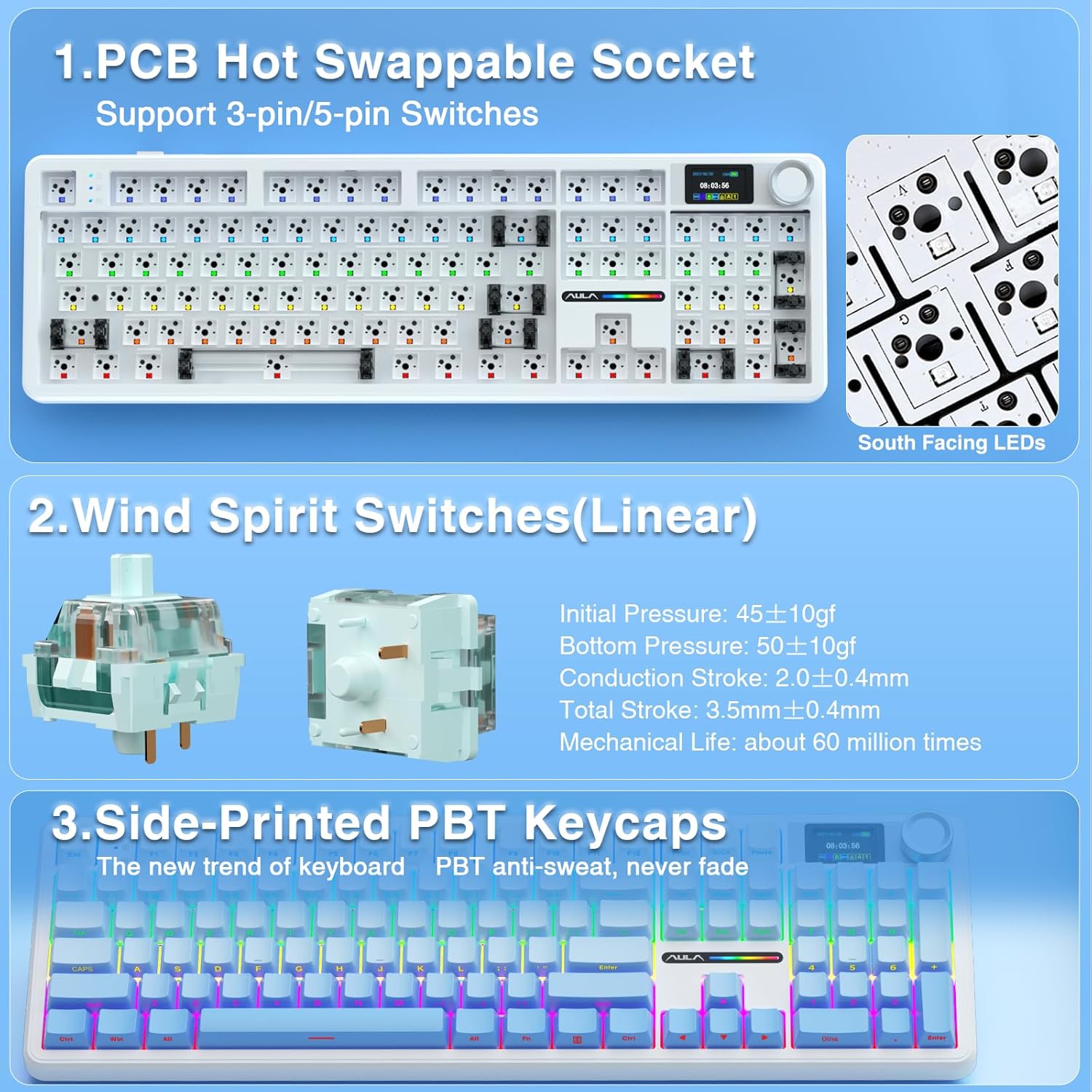 AULA F108 PRO - Wireless Mechanical Keyboard with Screen&Knob,Hot Swappable Gaming Keyboard with 8000mAh Battery,Pre-lubed Switches,RGB Backlit,PBT Keycaps Creamy Sounding Computer Keyboards,104 Keys