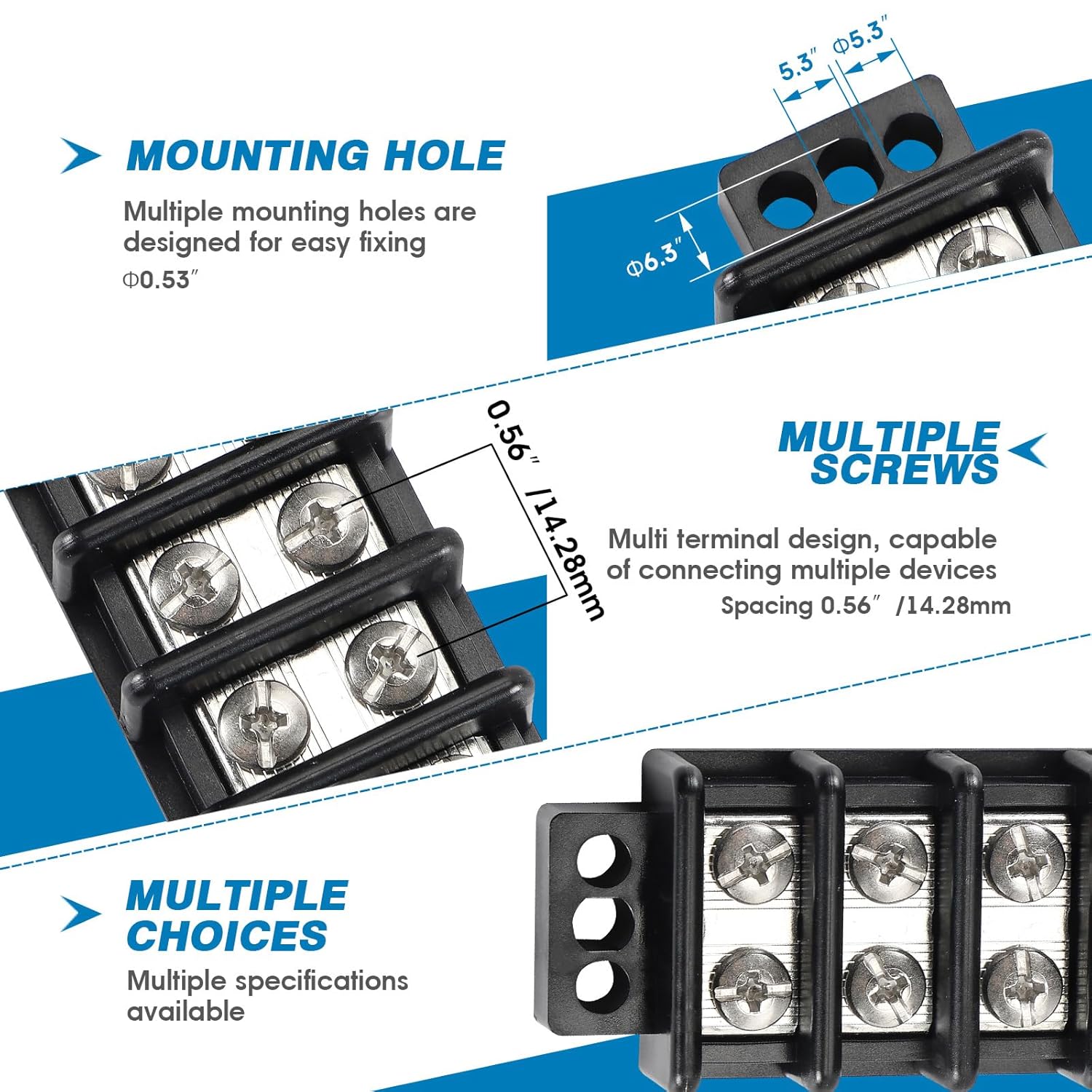 GLOSO Marine Terminal Blocks TBD Double Row Stainless 10-22 AWG Cu, 30A/600V- 1 Pack, 2 Poles