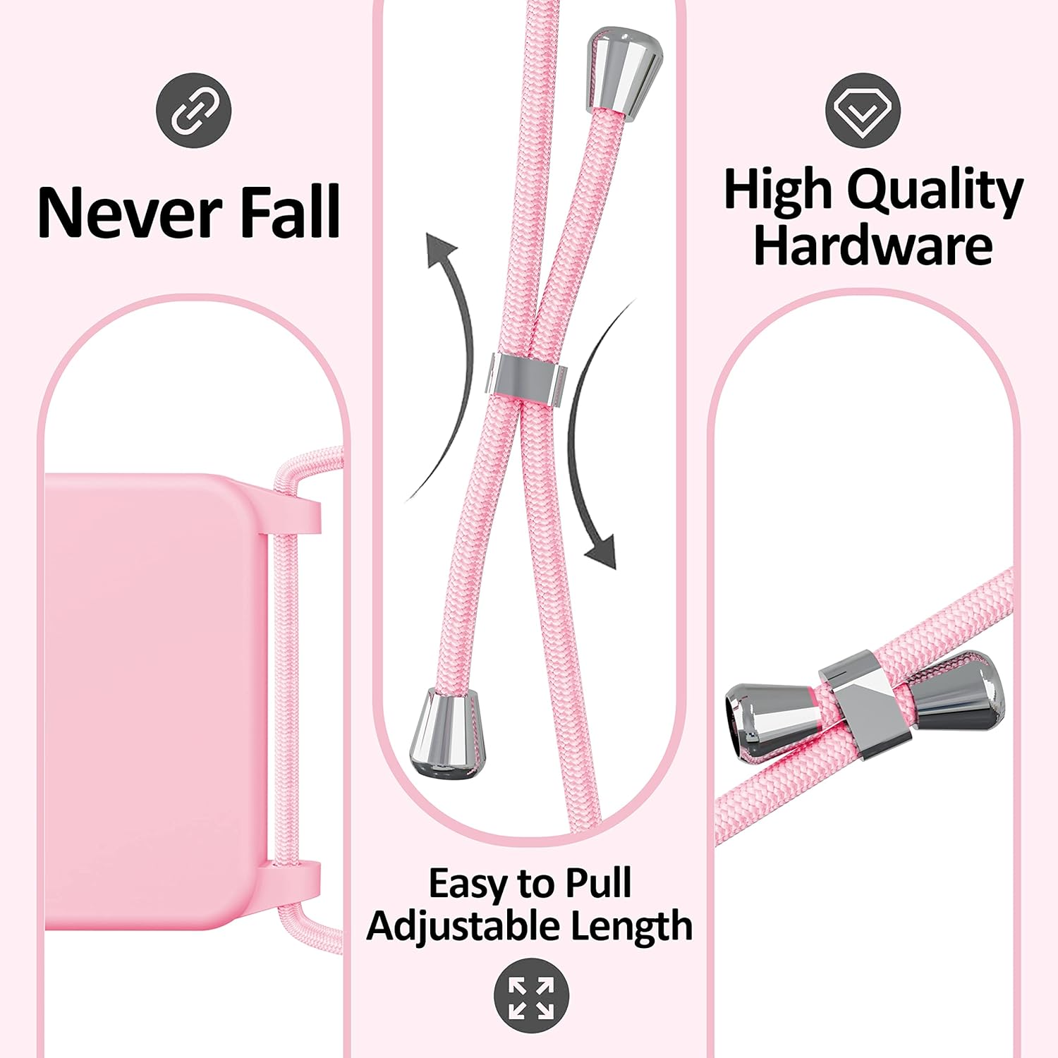 Blaspins Crossbody Lanyard Strap Case for iPhone 13 Pro, Neck Cross Body, Adjustable Holder Removable, Drop Protection Shockproof, Hands-Free Silicone Case 6.1 inch, 150 cm Strap, iP13Pro - Pink