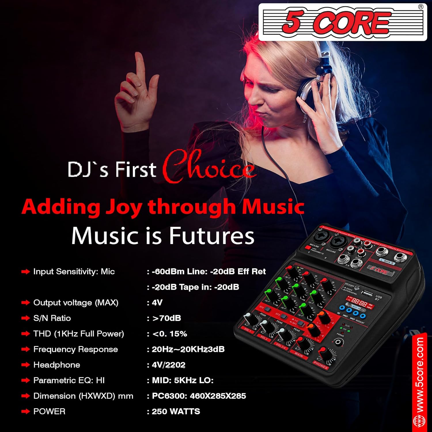 5 Core Audio Mixer 4 Channel DJ Mixing Board Small Bluetooth USB Analog Mezclador De Audio w Phantom Power Console for Live Recording Podcast Karaoke PARENT MX 4CH (Black)