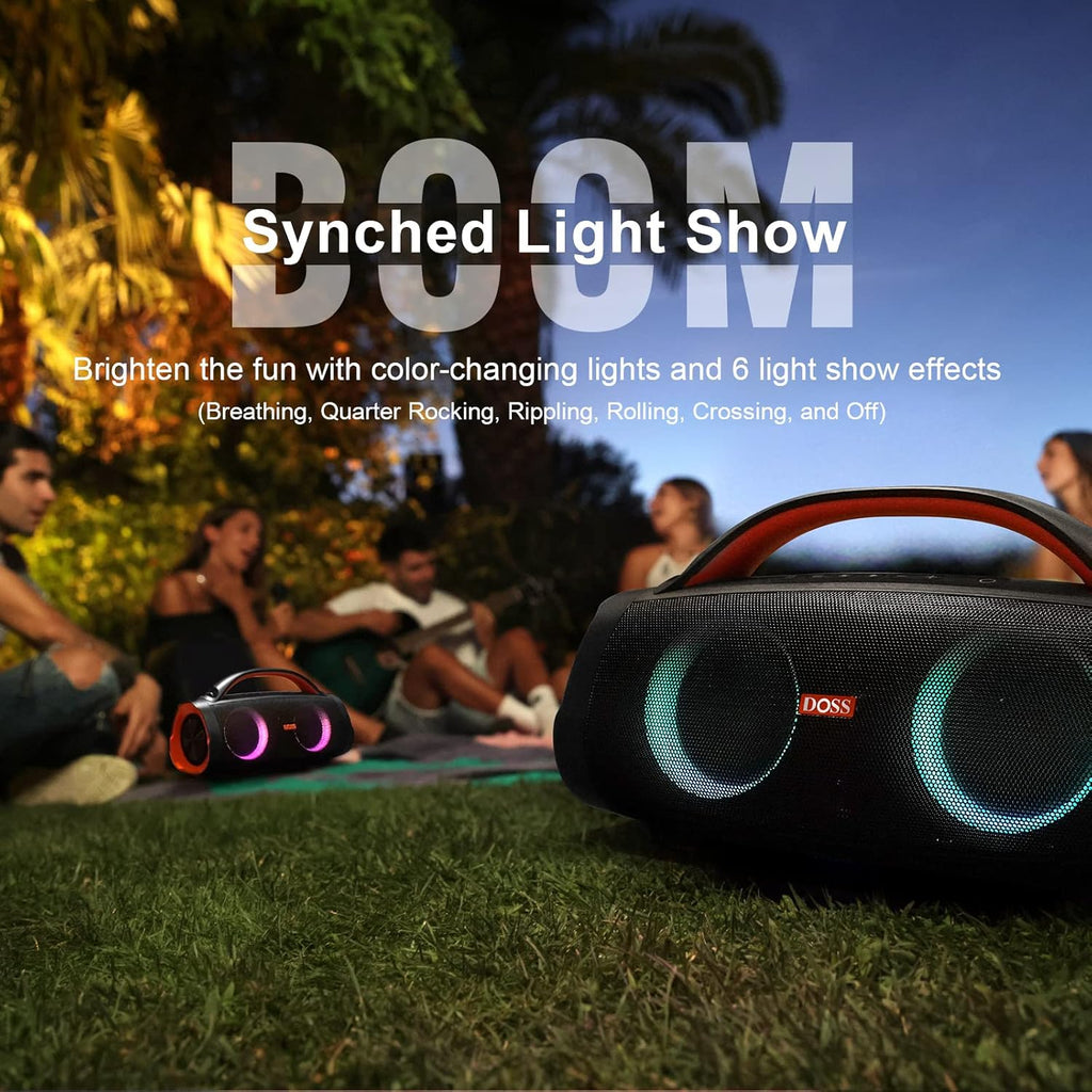 DOSS Extreme Boom Pro Bluetooth Speaker with 100W Stereo Sound, Rich Bass, IPX6 Waterproof, 20H Playtime, Power Bank, Mixed Color Light, Portable for Outdoor, Camping, Beach - Orange