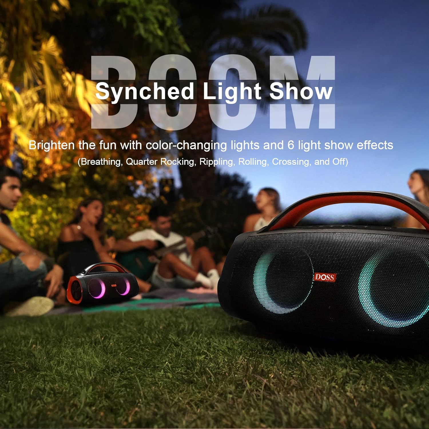 DOSS Extreme Boom Pro Bluetooth Speaker with 100W Stereo Sound, Rich Bass, IPX6 Waterproof, 20H Playtime, Power Bank, Mixed Color Light, Portable for Outdoor, Camping, Beach - Orange