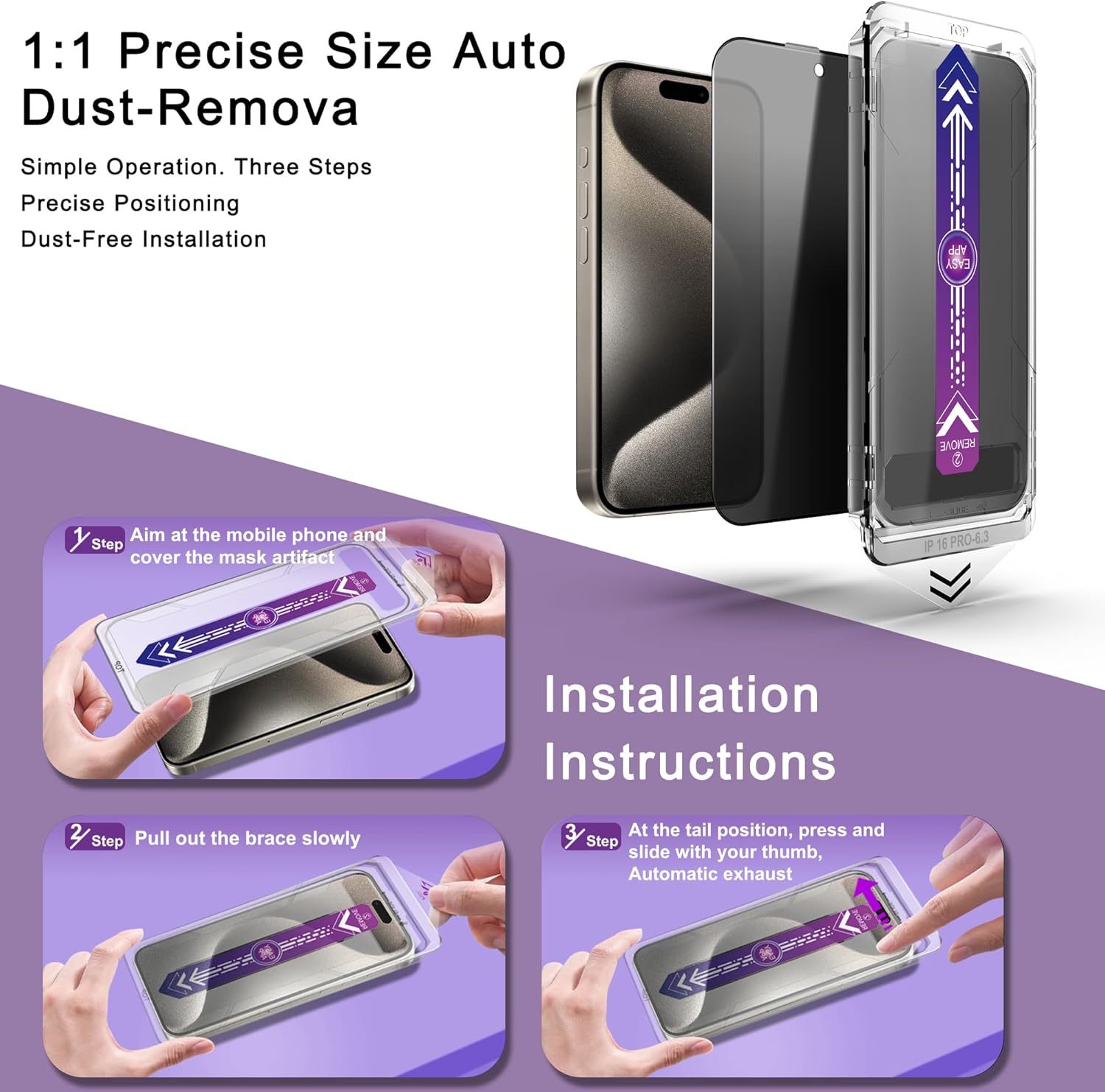 2 Pack Privacy Screen Protector for iPhone 16 Pro Max, 9H Tempered Glass, Full Coverage, Anti-Fingerprint, Auto Dust-Elimination, No Bubble, Easy Installation