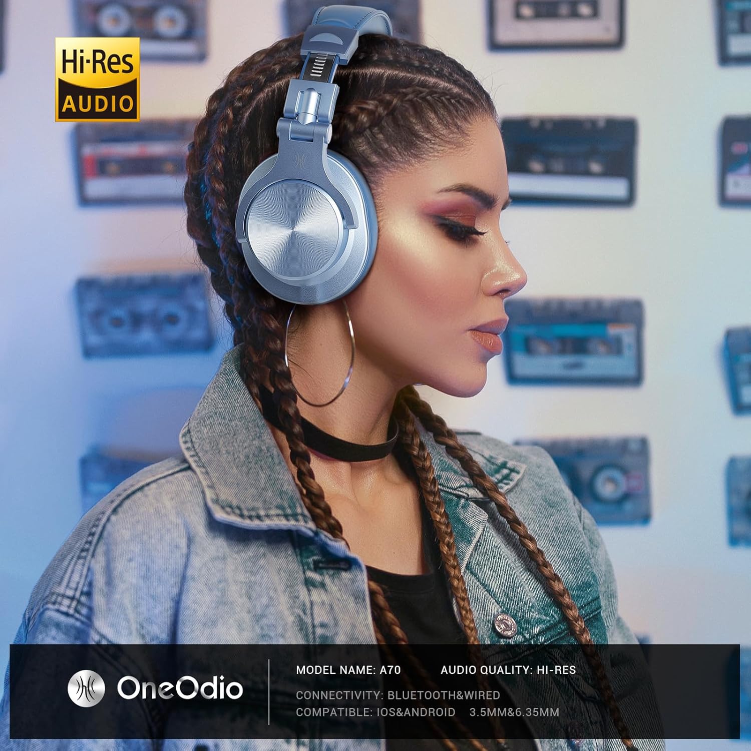 OneOdio A70 Bluetooth Over Ear Headphones, Wireless Headphones w/ 72H Playtime, Hi-Res, 3.5mm/6.35mm Wired Audio Jack for Studio Monitor & Mixing DJ Guitar AMP, Computer Laptop PC Tablet - Sky Blue