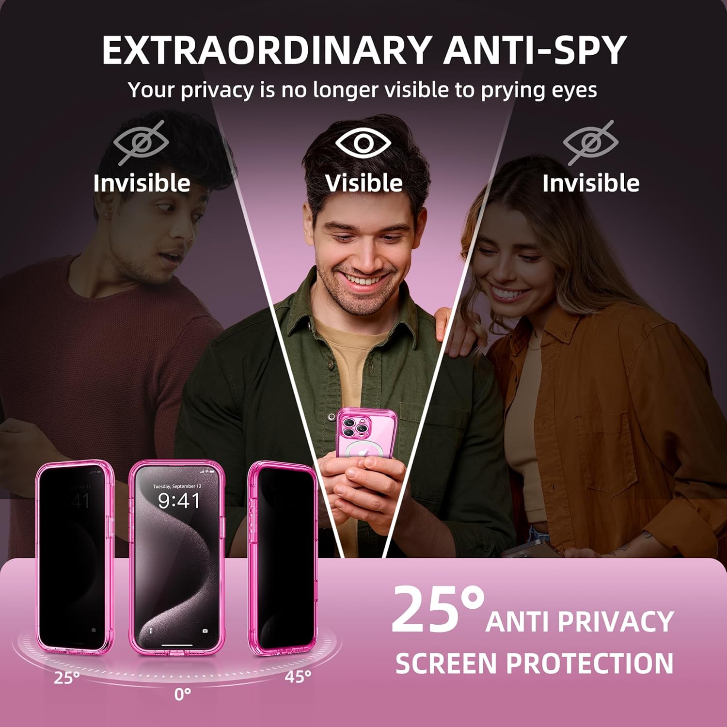 Magnetic for iPhone 15 Pro Case, Compatible with MagSafe, Built-in Privacy Screen Protector and Camera Protection, Anti Spy Full Body Dustproof Shockproof Hard Phone Case 6.1", Bright Pink