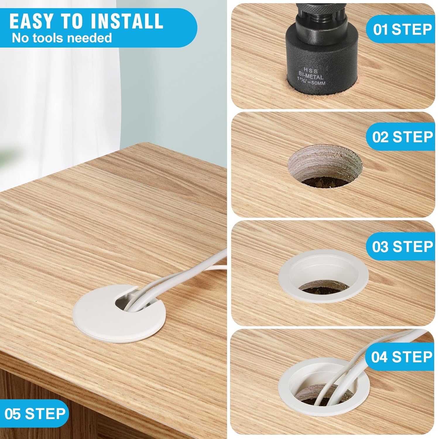 2" White Desk Grommet with Bi-Metal Hole Saw, JTemgle Plastic Cable Hole Cover Computer Table Cord Wire Organizer Caps, Desktop Cord Management for Home Office TV Stands Tabletops, 7 Pieces
