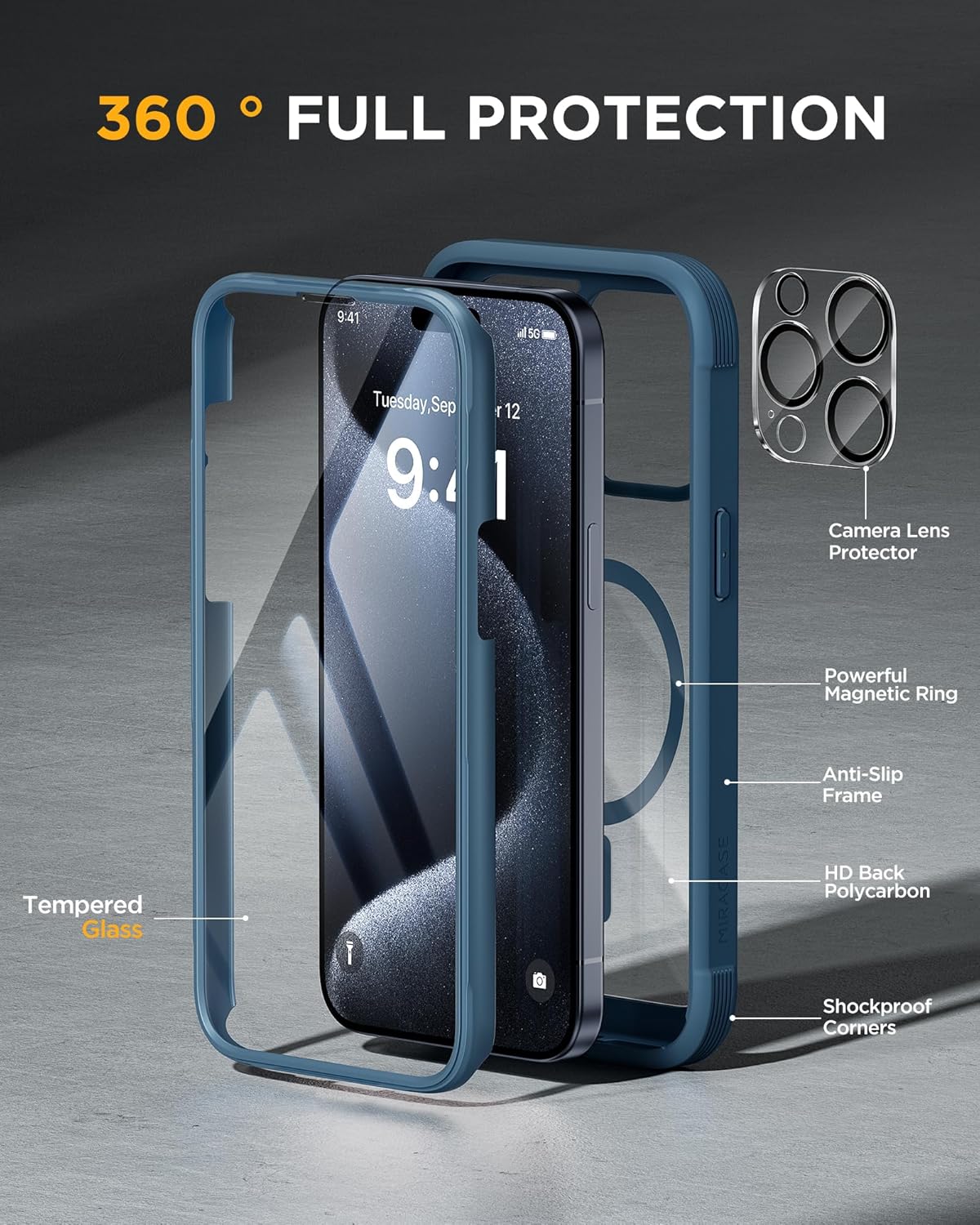 Miracase Magnetic for iPhone 15 Pro Case [Compatible with MagSafe] Full-Body Phone case with Built-in Glass Screen Protector& Camera Protector, Military Drop Proof 15 Pro Cover 6.1 inch, Storm Blue