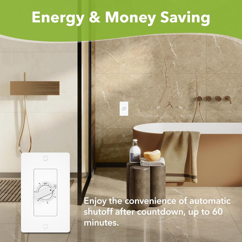 HBN 60 Minute Spring Wound Countdown Timer Switch for Bathroom Exhaust Fan, in-Wall Mechanical Light Switch Timer, No Neutral Required, Wall Plate Included, ETL Listed