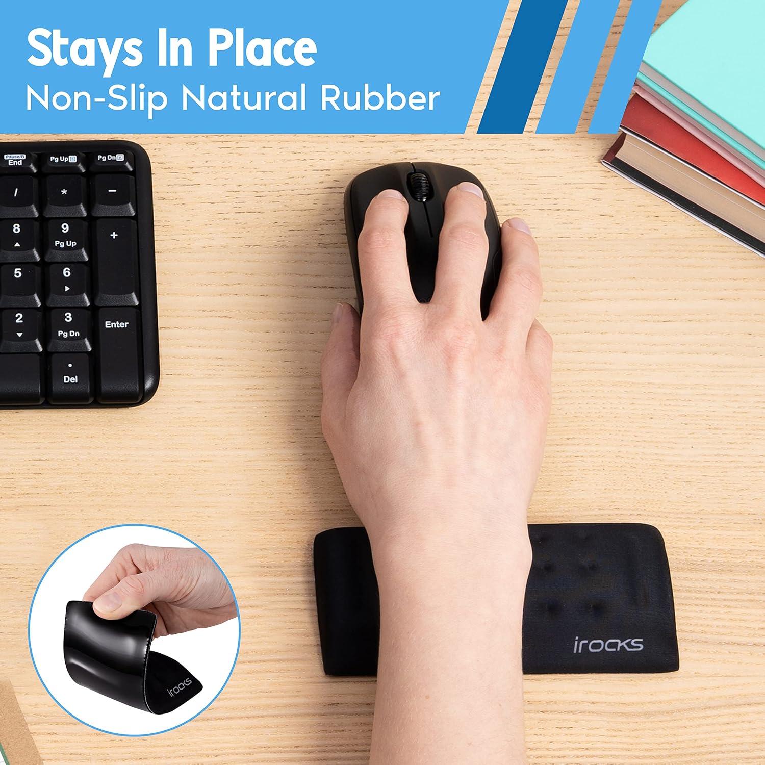 i-Rocks Memory Foam Mouse Wrist Rest - Pain-Reducing Wrist Rest for Mouse - Non-Slip Rubber Base Wrist Rest - Cooling Mouse Wrist Support for Long Hours of Work, Studying, Gaming (Black)