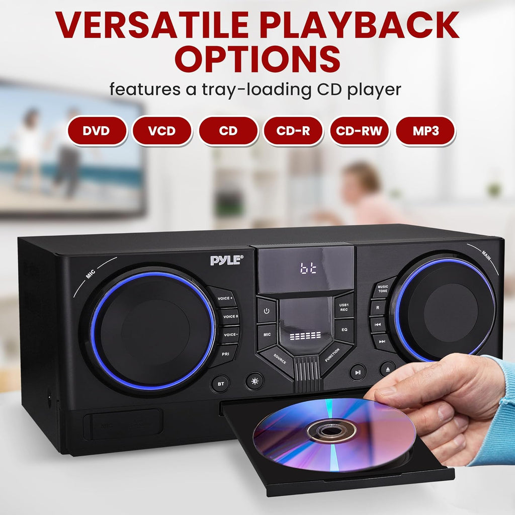 Pyle 4-Piece Bluetooth Stereo System - Mini Hi-Fi Bookshelf Stereo System with USB Recording, FM Radio and Remote Control, DVD/CD Compatibility, Perfect Stereo Shelf Systems for Home, 1000W