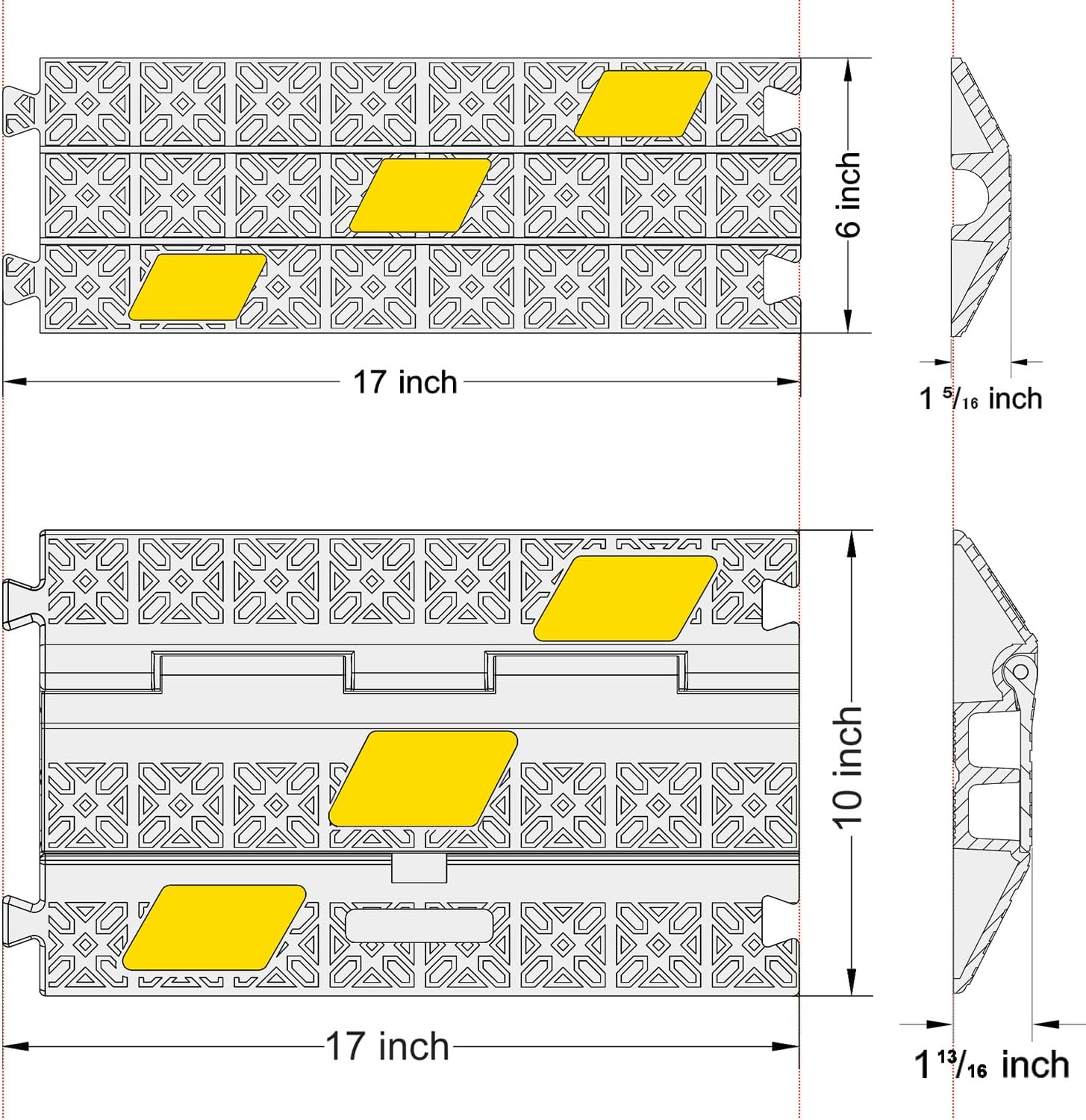 6 Pack 2-Channel Rubber Cable Protector Ramp, 17" x 10" x 1.8" inch Interlocking Floor Wire Cord Cable Cover, Visible at Night, Durable Rubber Speed Bump Hump Ramp (2-Channel 6 Pack)