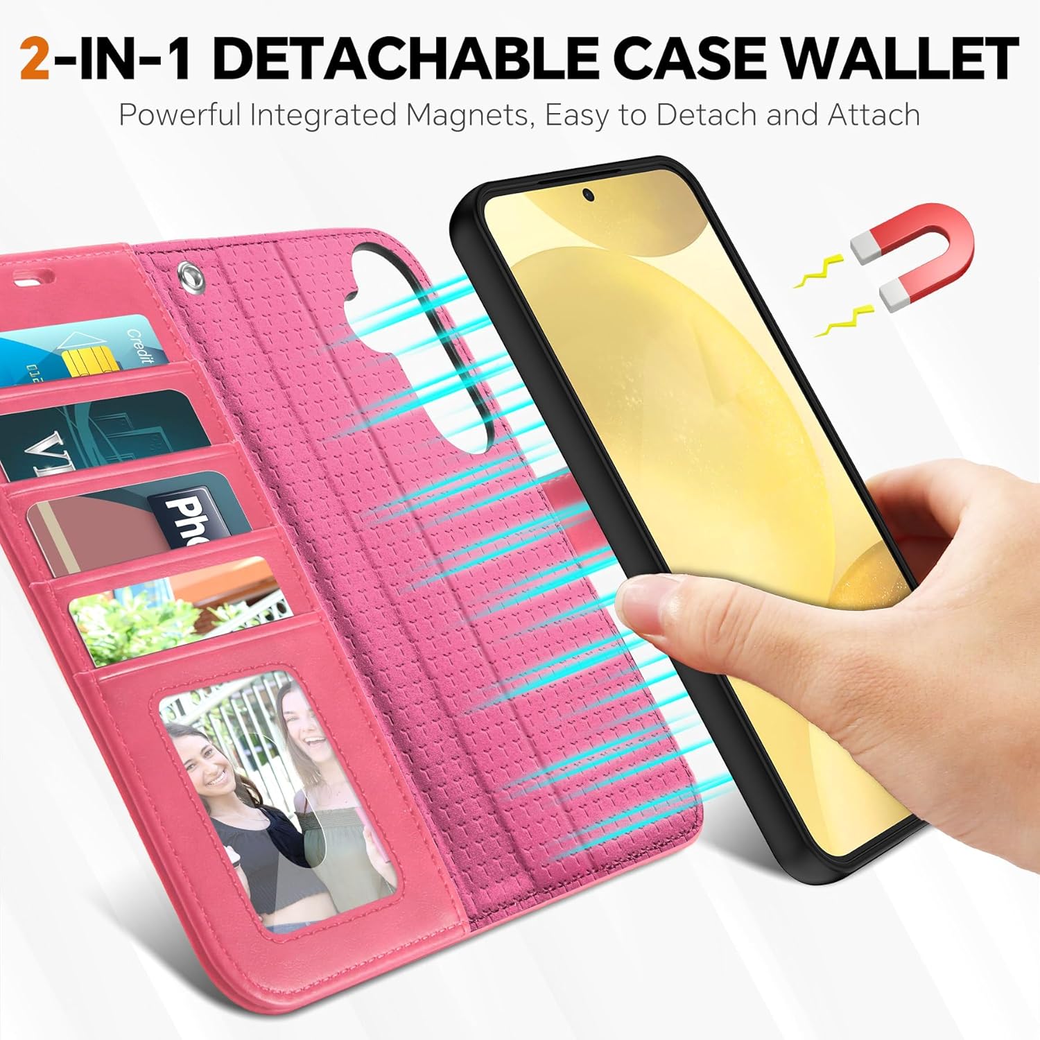 TUCCH Case for Galaxy S25, [Detachable] 2 in 1 Magnetic PU Leather Wallet Case Wrist Strap RFID Blocking [Wireless Charging] 4 Card Holders Stand Removable Flip Folio Cover for Galaxy S25, Hot Pink