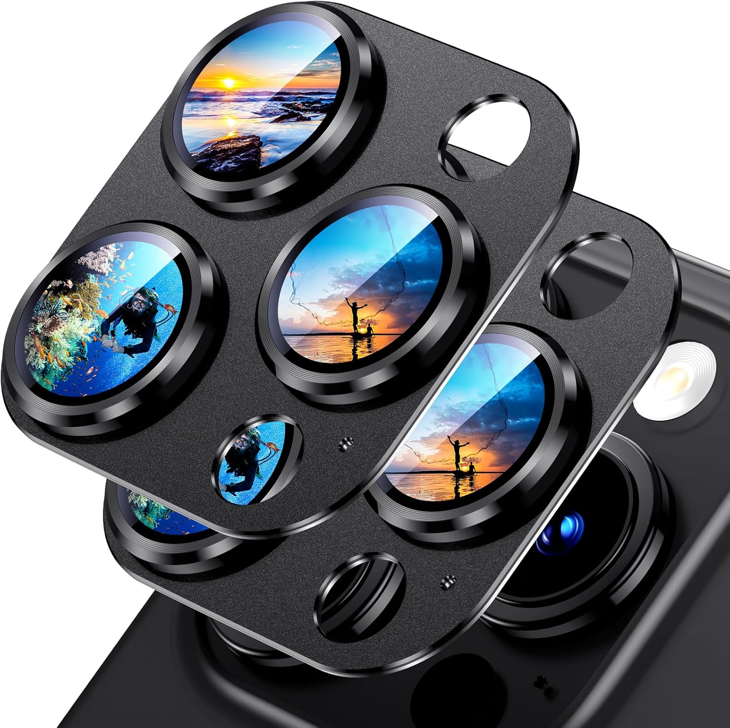 Uyiton Compatible with iPhone 15 Pro/iPhone 15 Pro Max Camera Lens Protector, [Not Easy to Break][Strong Adsorption][Case-Friendly] Metal Tempered Glass Rear Camera Screen Cover - Black, 2 Pack