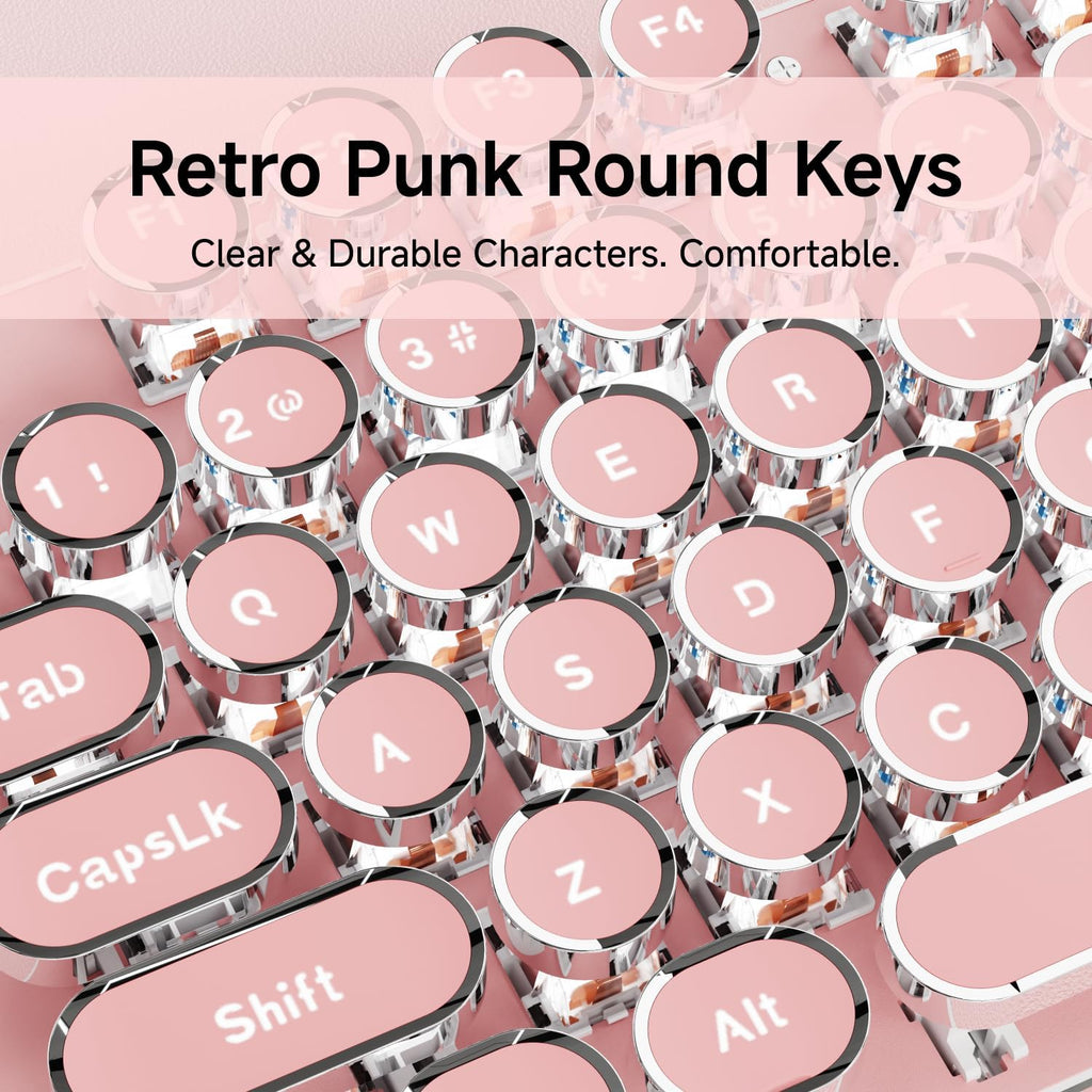 EWEADN TK100 Typewriter Keyboard Wired Mechanical Keyboard, 104 Keys Aesthetic Typewriter Keyboards with White Backlit, Anti-Ghosting, Blue Switch Wired Cute Keyboards-Pink