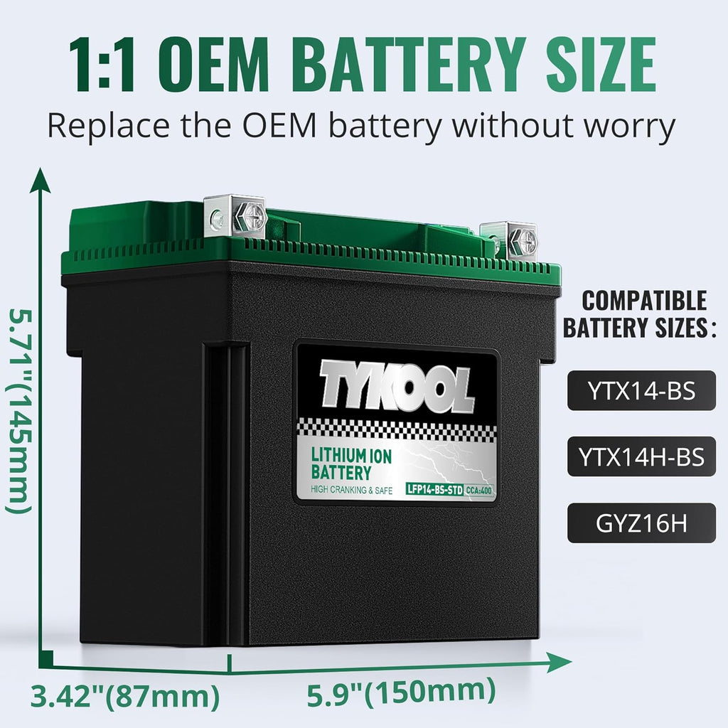 TYKOOL YTX14-BS-STD 400 CCA,Lithium LiFePO4 12v Motorcycle Battery,ATV Battery,2X Cranking Amps,Digital Readout for SOC,Comptitable for ATV,Piaggio Scooter,Honda UTV,Yamaha Snowmobile