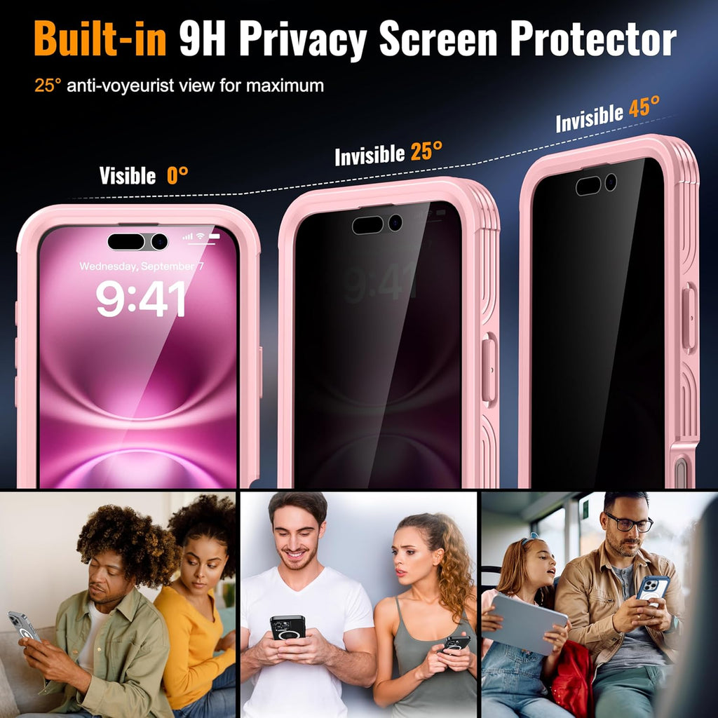 Magnetic & Stand for iPhone 16 Plus Case Built-in Privacy Screen Protector[360° Full Body Protection][Fit for Magsafe][Lens Protector] Heavy Duty Shockproof Phone Case for iPhone 16 Plus Pink