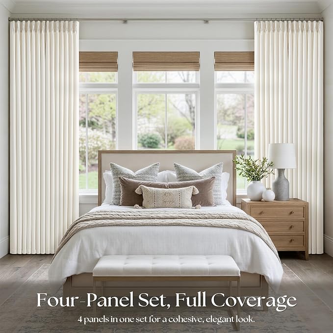 Pinch Pleat Linen Curtains 108 Inches Long 4 Panels Set Ivory Cream Memory - Image 2