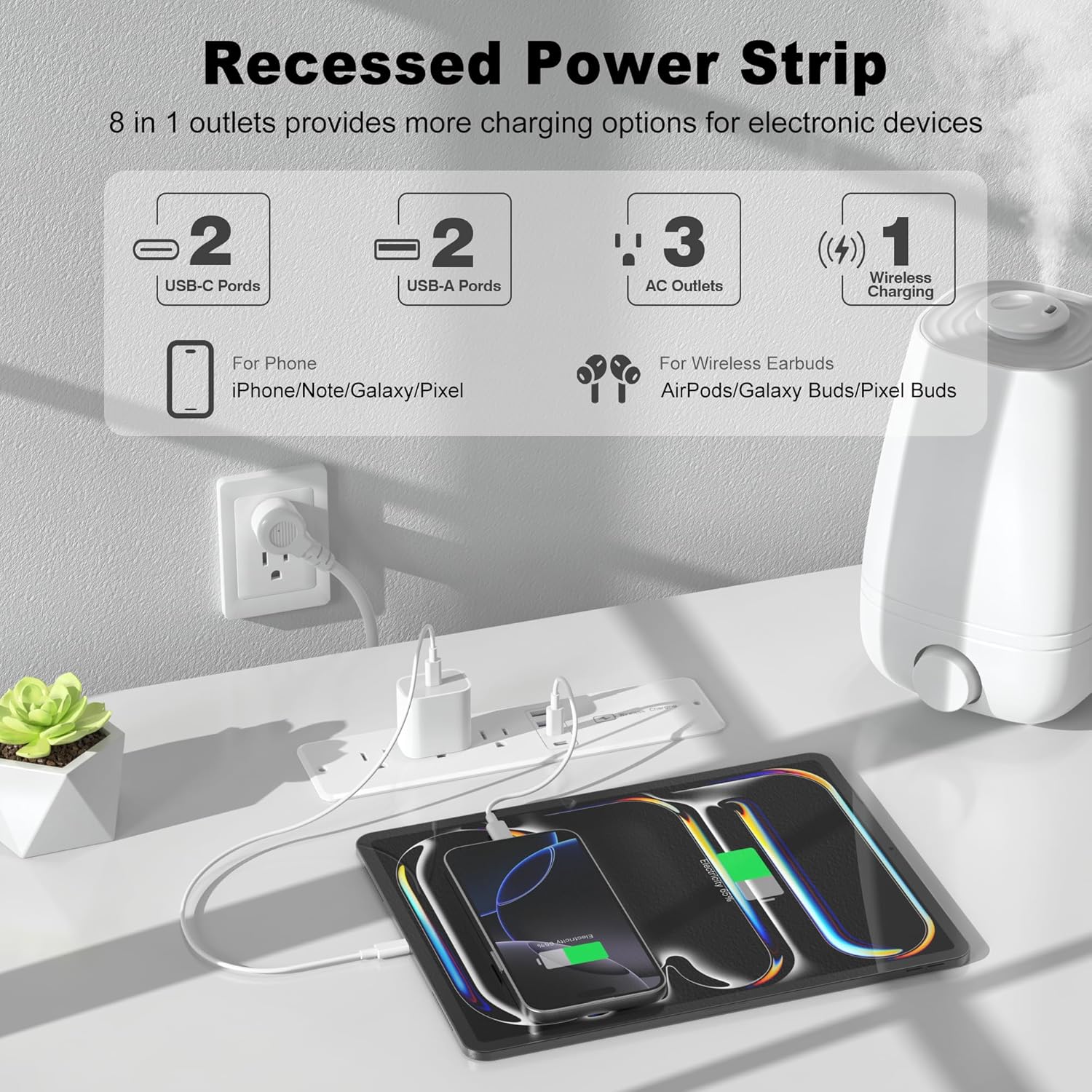 8 in 1 Recessed Power Strip with 15W Wireless Charger, 20W Fast Charging Furniture Outlet, Plug in 3 AC Outlets & 4 USB Ports Flush Mount, 6FT Cord