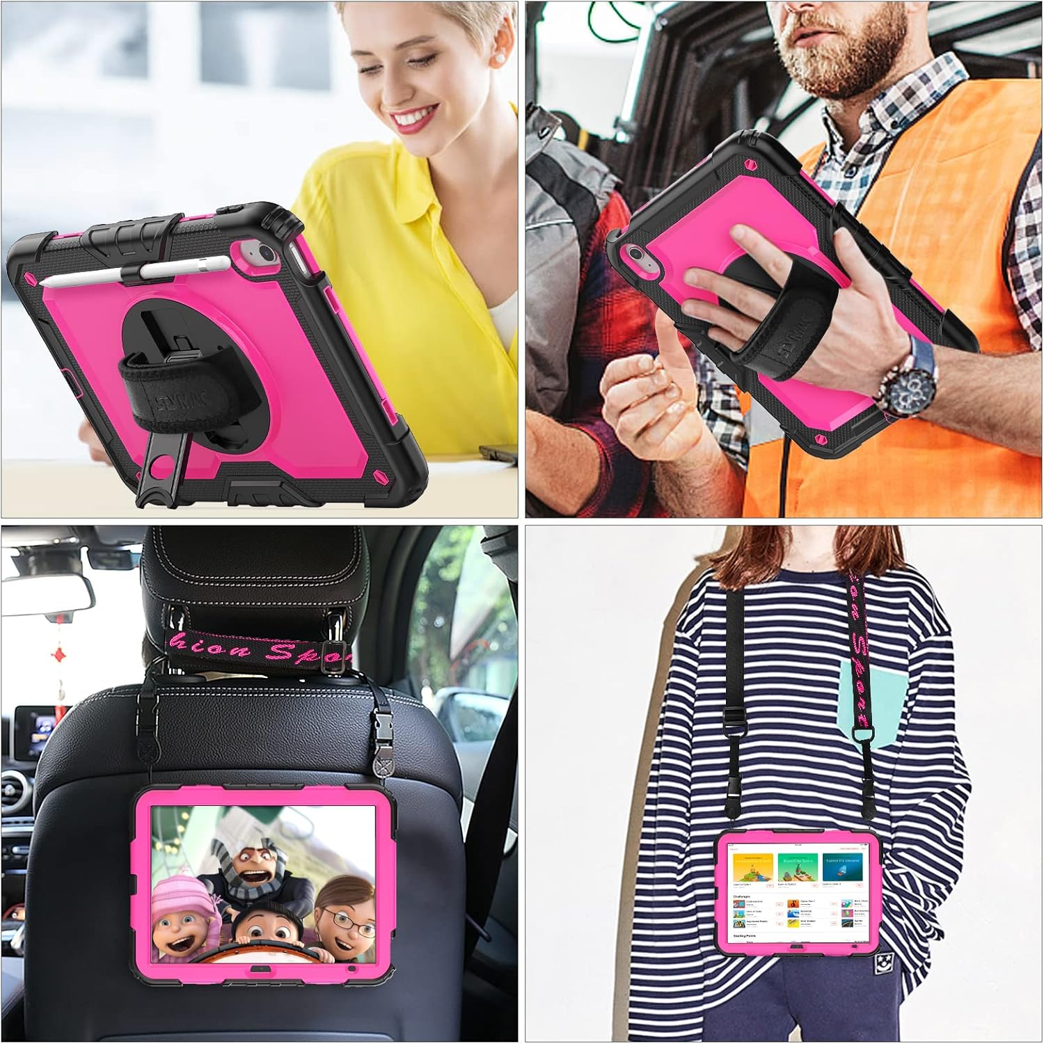 SEYMAC stock Case for iPad (A16) 11th/10th Generation 11''/10.9'' 2025/2022, Full-Body Drop Protection Case with Screen Protector &360° Rotate Hand Strap/Stand, Pink+Black
