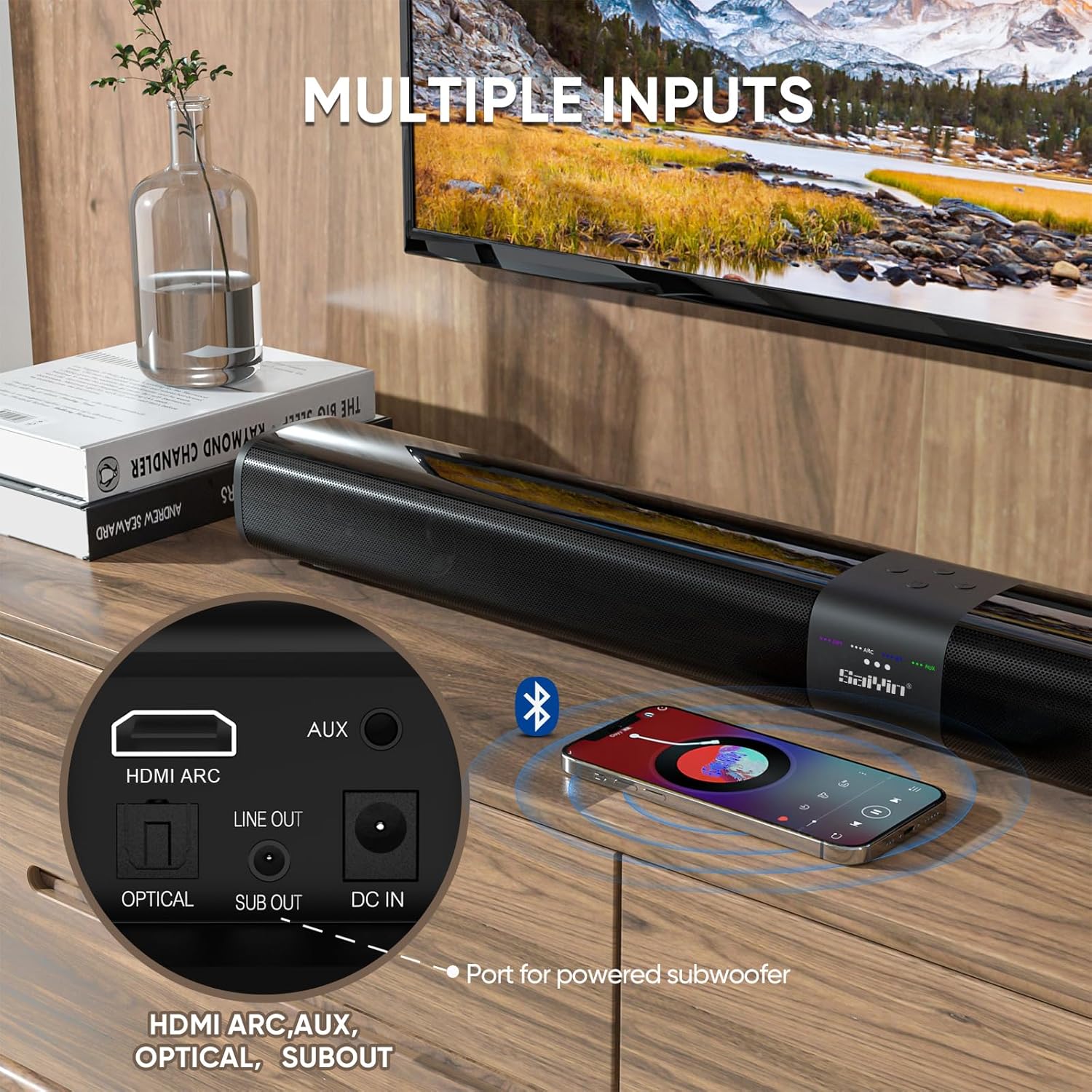 Saiyin Sound Bar for Smart TV with 5.25 Inch Subwoofer, 100W 24 Inch Soundbar for TV, TV Soundbar with Optical, ARC, AUX and Bluetooth 5.3 Inputs, Detachable Surround Sound System for TV