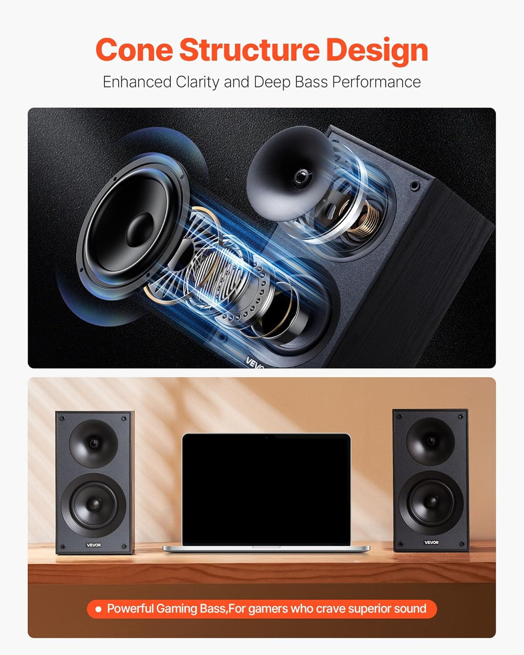 VEVOR Passive Bookshelf Speaker, 300W, Book Shelf Stereo Speakers with 5.25-Inch Woofer and 1-Inch Tweeter, Detachable Grille, 65Hz-20KHz Frequency Response, Wooden Enclosure,for Home Theater (1 Pair)