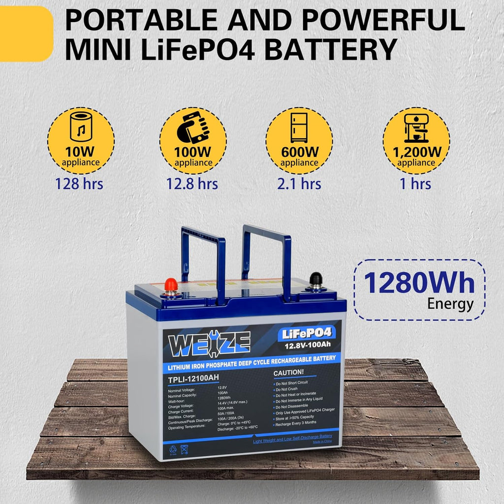 WEIZE 12V 100Ah LiFePO4 Lithium Battery, Upgrade Mini Size & Lightweight, 100A Smart BMS, Deep Cycle Low Temperature Protection Battery for RV, Solar, Marine, Trolling Motor (2 Packs)