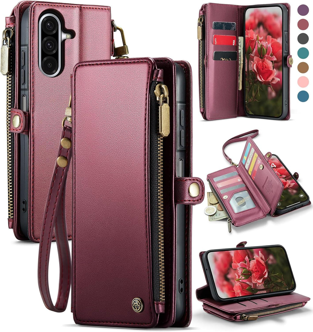 Defencase for Galaxy A26 5G Case Wallet with RFID Blocking Card Holder for Women Men, Fashion PU Leather Magnetic Snap Flip Zipper Wrist Strap Wallet Phone Case for Samsung Galaxy A26 5G, Wine Red