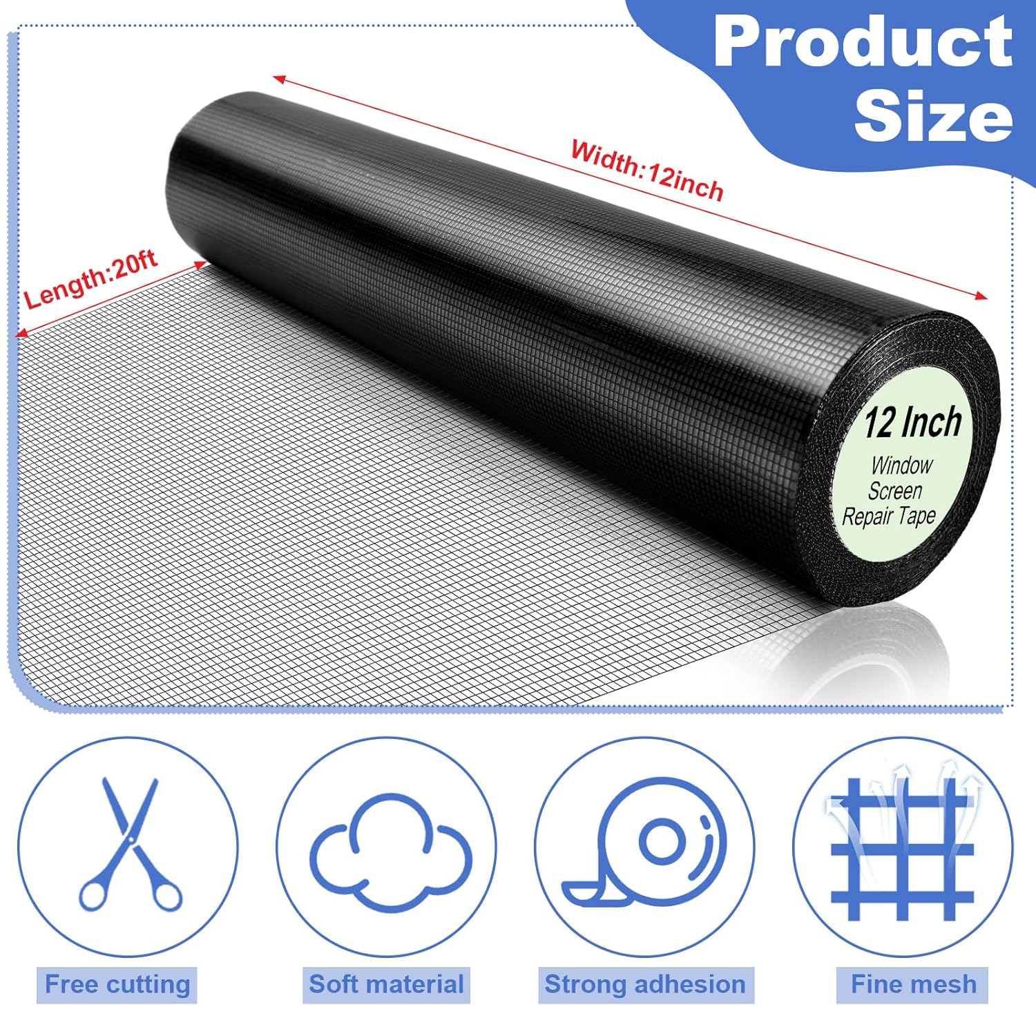 Extra Wide 12 inch x 20 ft Window Screen Tape Mesh Repair Strong Adhesive Waterproof Fiberglass Screen Repair Kit Patch for Window Door Tears Holes(Black)
