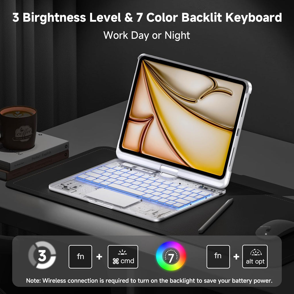 iPad Keyboard Case for iPad 10th Gen (2022) & 11th (A16, 2025), Magic Wireless Keyboard with Trackpad 7 Color Backlit, 360° Rotating Stand Transparent Protective Cover with Pencil Holder (White)