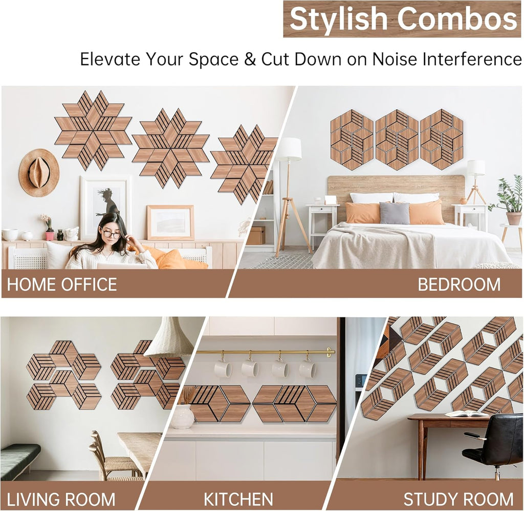Mollywell Hexagon Acoustic Panels, Walnut S4, 14x12x0.4 Inch, 12 Pack |Wood Veneer|High Density Sound Proofing Wall Panels|Self Adhesive Sound Dampening Felt Wall Tiles|Home Theater|Gaming Room|
